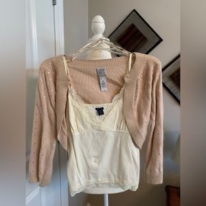 City DKNY peachy pink cropped sweater with cream tank